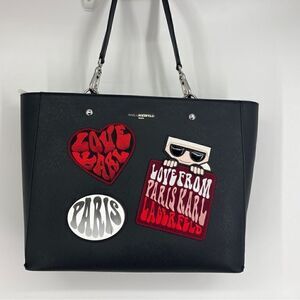 NWT Original Karl Lagerfeld Love from Paris Patches Tote Bag Black/Red /White